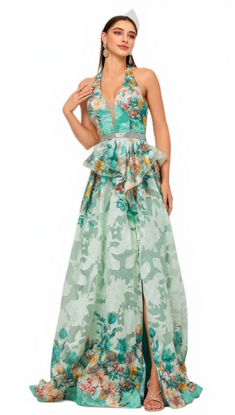 SLEEVELESS V-NECK FLORAL PRINT HALTER MAXI DRESS IN GREEN