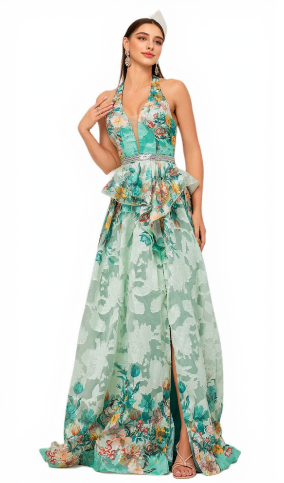 SLEEVELESS V-NECK FLORAL PRINT HALTER MAXI DRESS IN GREEN