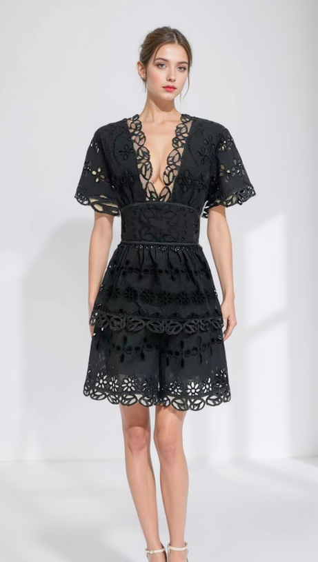 MAGGIE BLACK LAYERED CUT OUT LACE TOP SHORTS SUIT