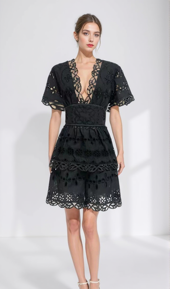 MAGGIE BLACK LAYERED CUT OUT LACE TOP SHORTS SUIT