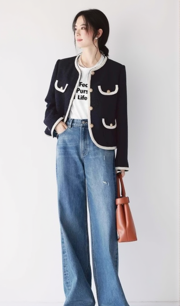 JILL TWEED CONTRAST TRIM JACKET IN NAVY BLUE