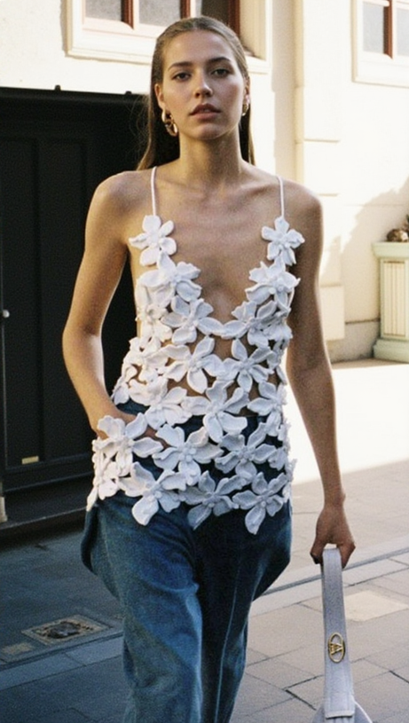 GRISELDA CUTOUT APPLIQUÉD COTTON TOP IN WHITE