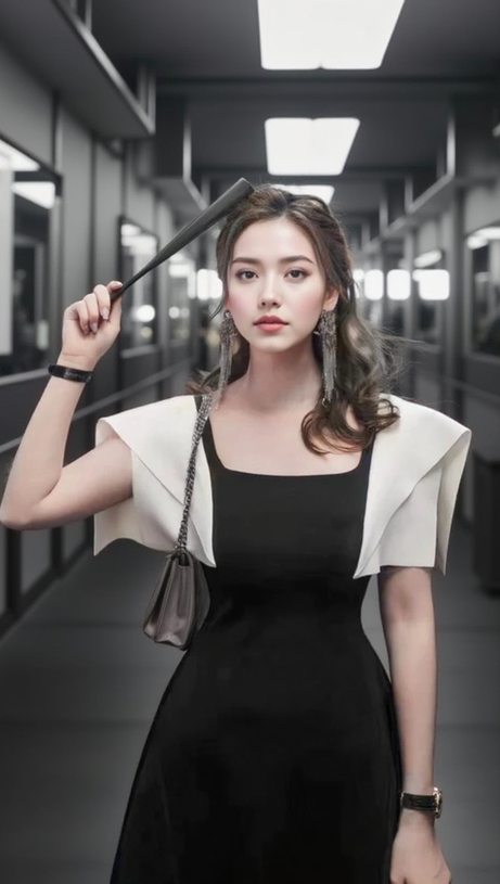 BARBARA BLACK SQUARE NECK MINI DRESS WITH WHITE SHOULDER