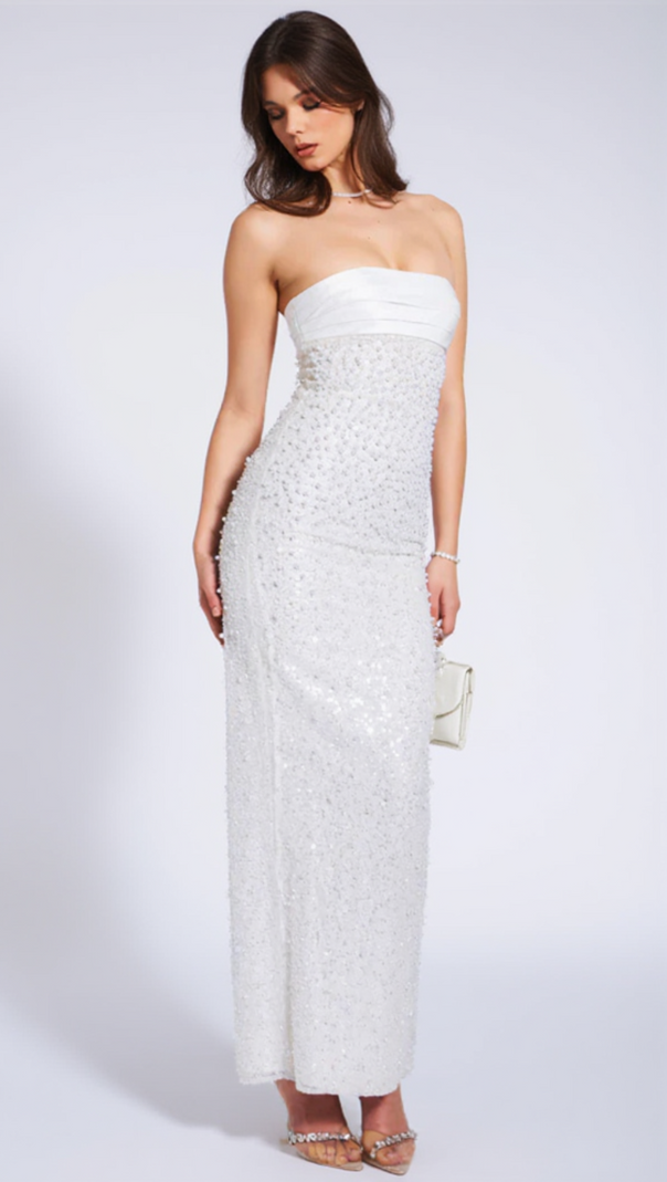 LAINEY WHITE SATIN SEQUIN PEARLS BEADED MAXI DRESS