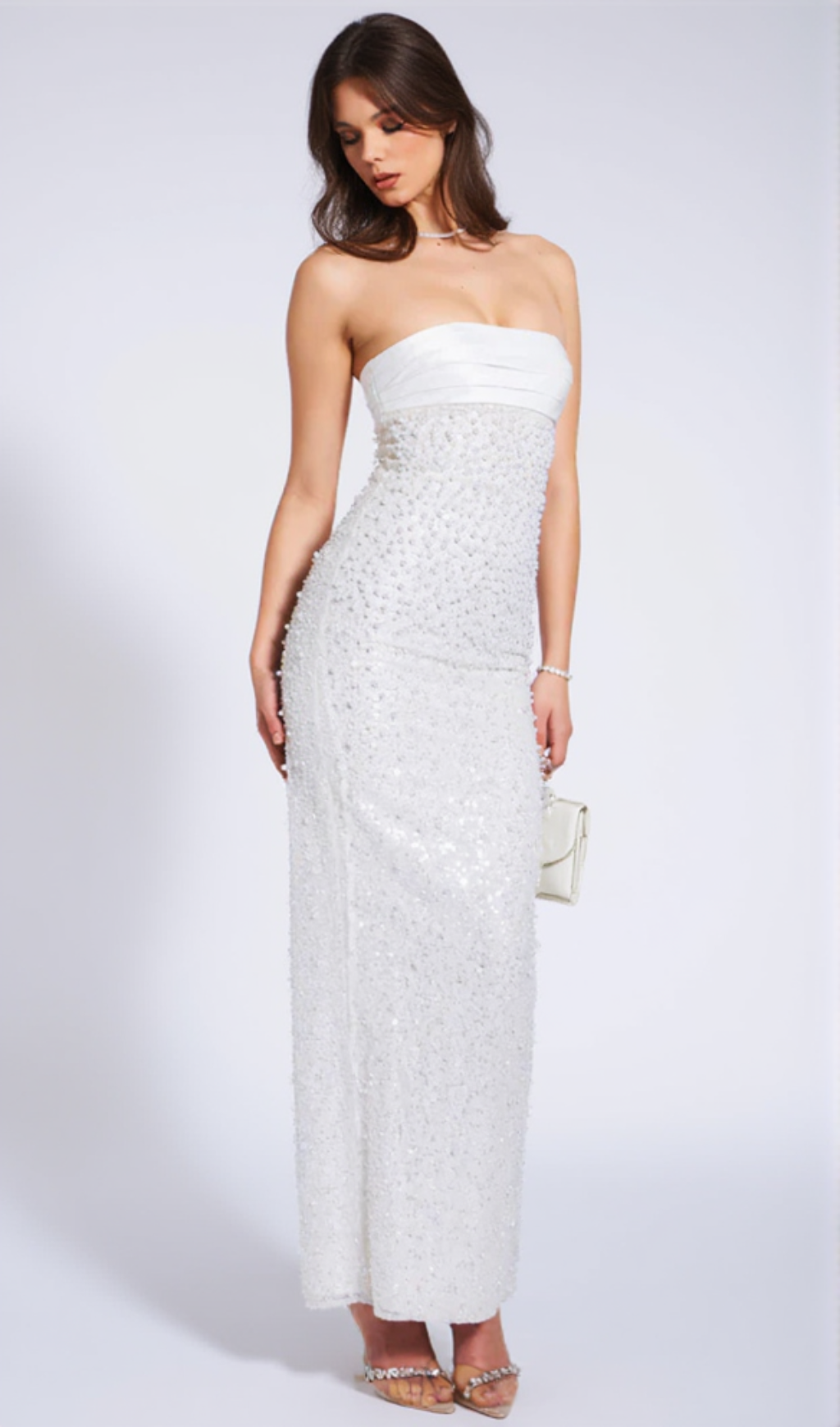 Lainey White Satin Sequin Pearls Beaded Maxi Dress