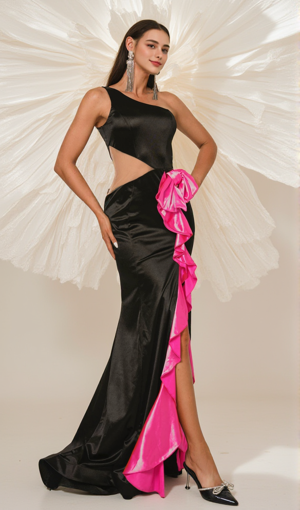 ONE SHOULDER RUFFLED SPLIT SATIN MAXI DRESS IN BLACK
