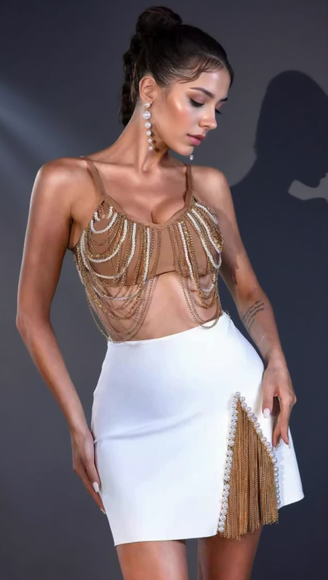 MIRIAM KHAKI METAL PEARL CHAIN TASSEL MINI SKIRT SET