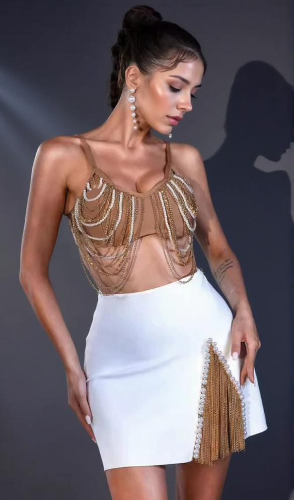 MIRIAM KHAKI METAL PEARL CHAIN TASSEL MINI SKIRT SET