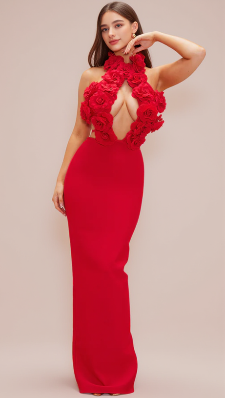 ABITO LUNGO ROSSO CON SCOLLO A V E SCHIENA SENZA SCHIENA, FIORI 3D