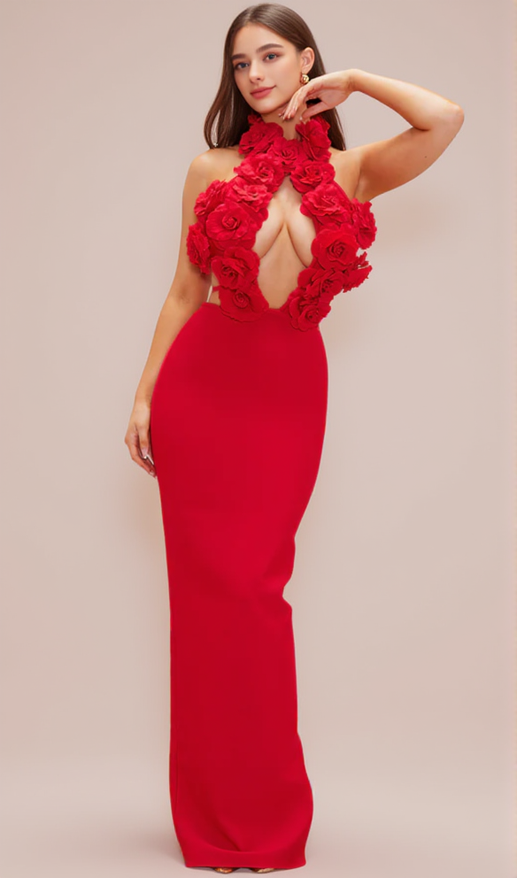 HALTER 3D FLOWER HOLLOW OUT BACKLESS MAXI DRESS IN RED