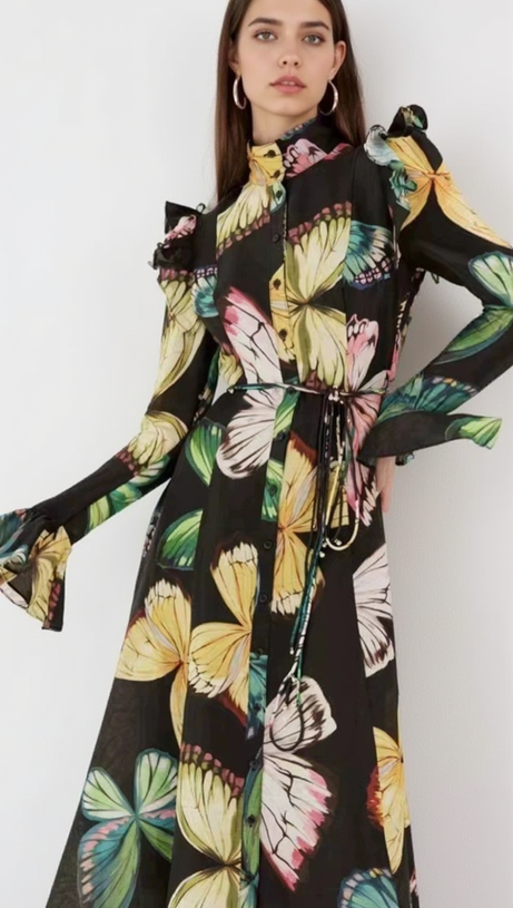 BUTTERFLY SLEEVE PAPILLON PRINT MIDI DRESS IN BLACK