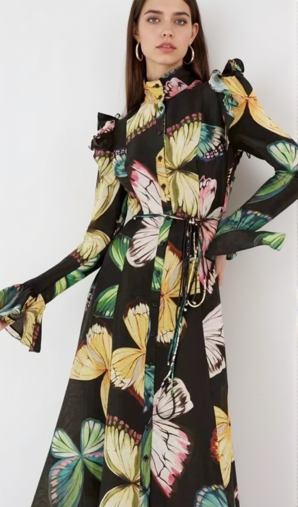 AIIZIE BUTTERFLY SLEEVE PAPILLON PRINT MIDI DRESS IN BLACK - product image