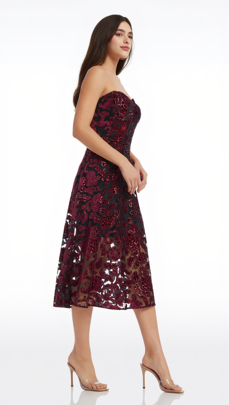 FLORAL PRINT STRAPLESS BUSTIER MIDI DRESS IN BURGUNDY
