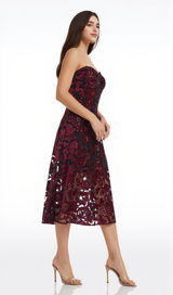 floral print strapless bustier midi dress in burgundy