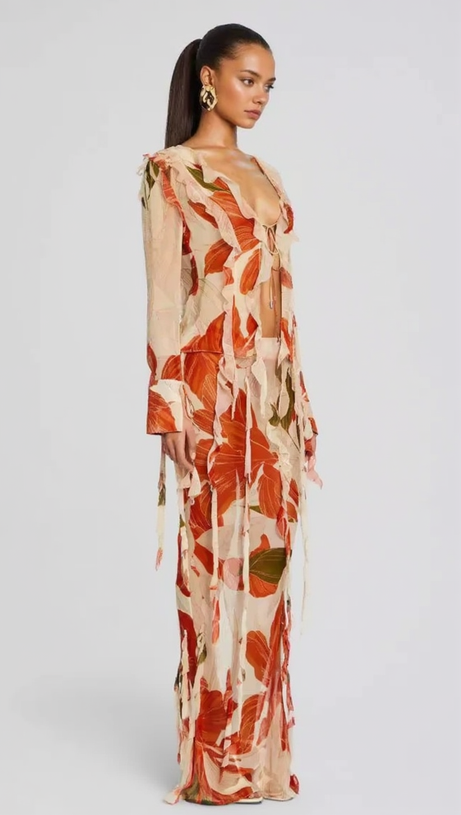 GLORIA PRINTED CUT OUT RUFFLE TRIM SKIRT SUIT