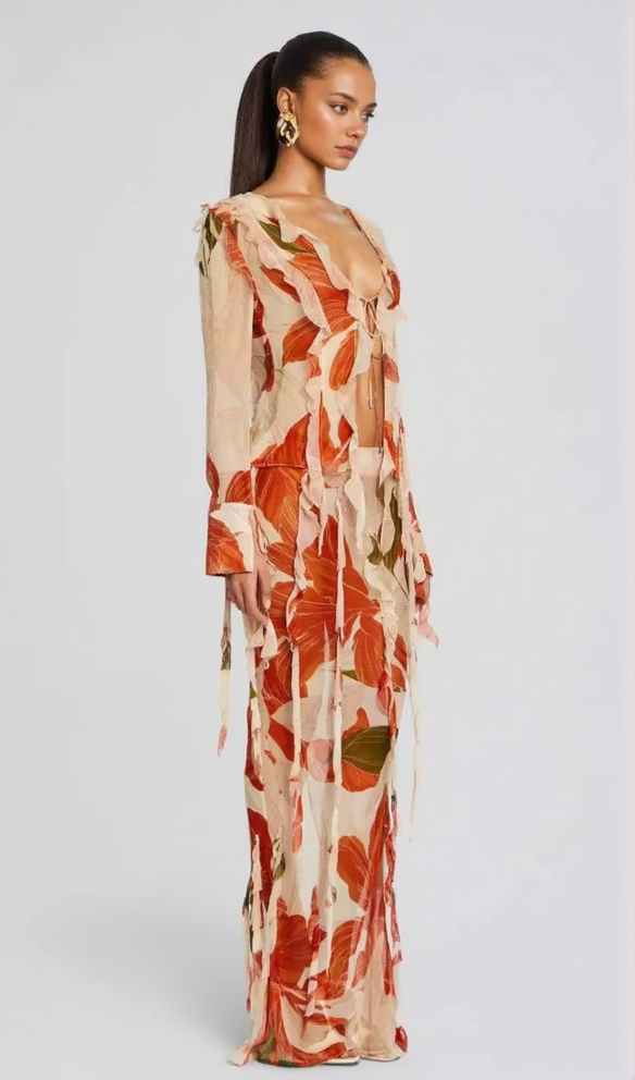 AIIZIE GLORIA PRINTED CUT OUT RUFFLE TRIM SKIRT SUIT - product image