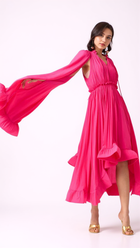 RUFFLE TRIM MAXI DRESS IN ROSE RED