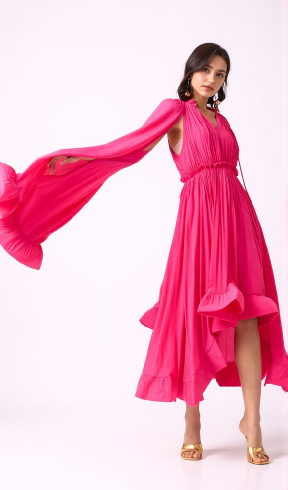 AIIZIE RUFFLE TRIM MAXI DRESS IN ROSE RED - product image