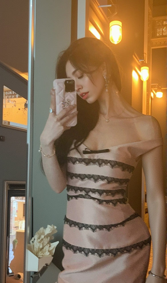AIIZIE NUDE OFF-SHOULDER DRESS WITH BLACK LACE TRIMMING DETAIL - product image