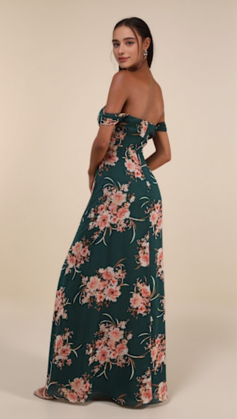 EMERALD GREEN FLORAL OFF-THE-SHOULDER MAXI DRESS