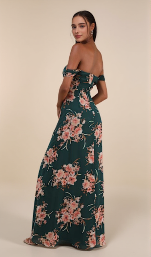 AIIZIE EMERALD GREEN FLORAL OFF-THE-SHOULDER MAXI DRESS - product image