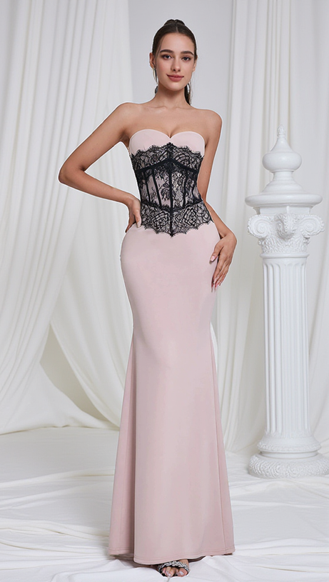 STRAPLESS BLACK LACE CORSET MAXI DRESS IN PINK