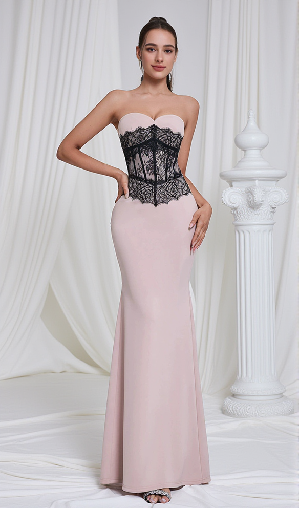 AIIZIE STRAPLESS BLACK LACE CORSET MAXI DRESS IN PINK - product image