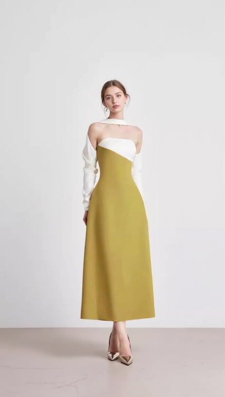 ARLENE YELLOW LONG SLEEVED CUT OUT SILK TAFFETA MIDI DRESS