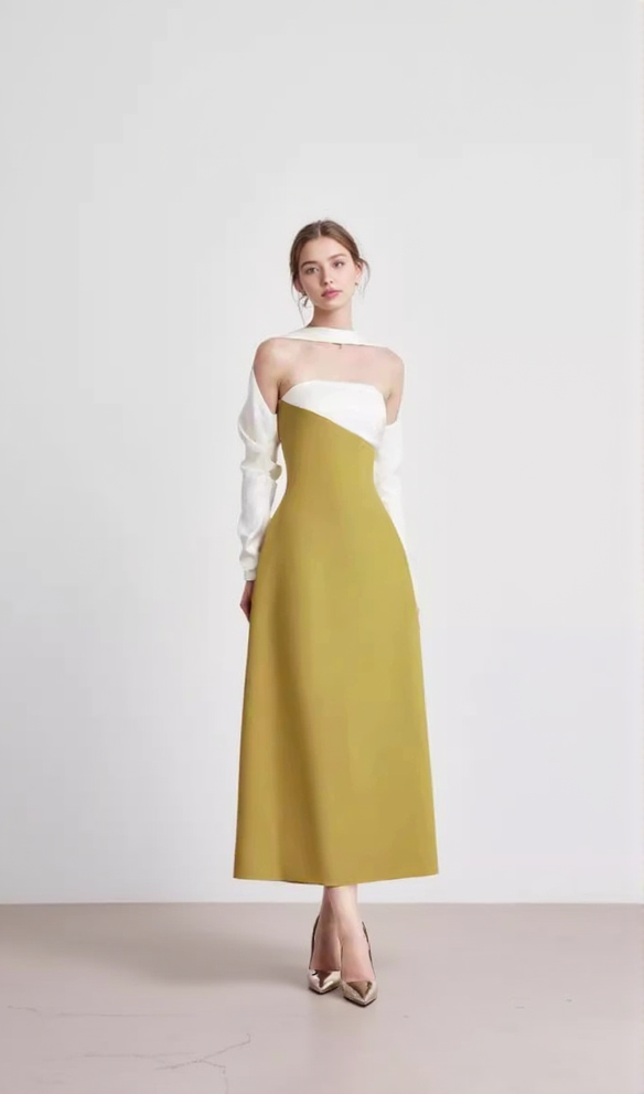 AIIZIE ARLENE YELLOW LONG SLEEVED CUT OUT SILK TAFFETA MIDI DRESS - product image