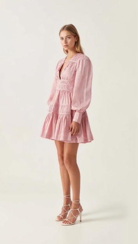 VALERIE FALLINGWATER RUCHED MINI DRESS IN PINK