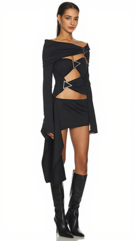 SARAH BLACK ARROW EMBELLISHED OFF-SHOULDER BANDAGE MINI DRESS