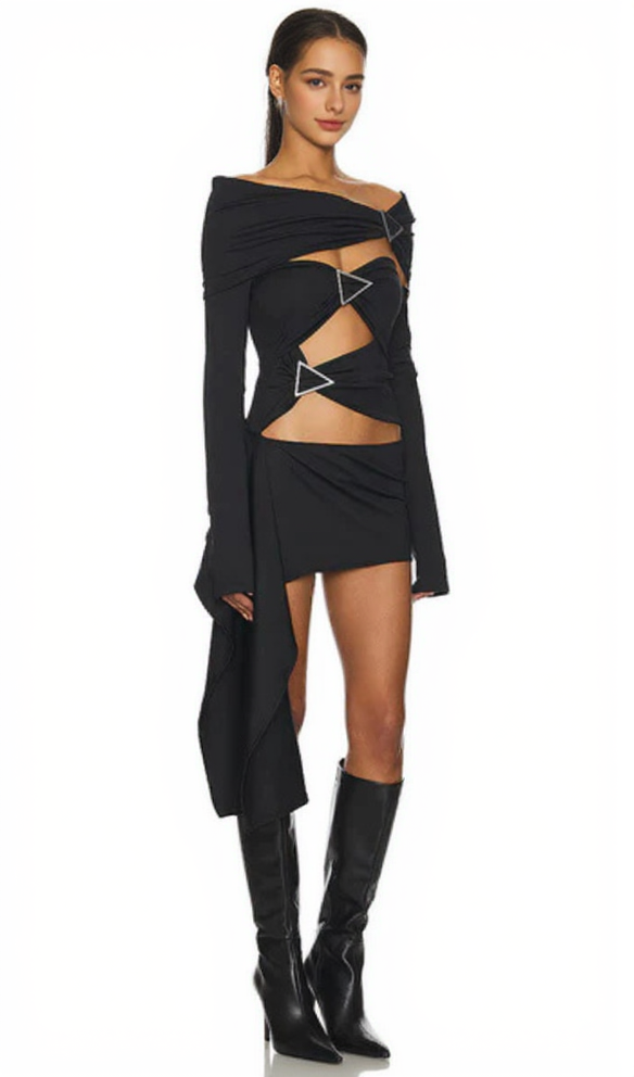 AIIZIE SARAH BLACK ARROW EMBELLISHED OFF-SHOULDER BANDAGE MINI DRESS - product image