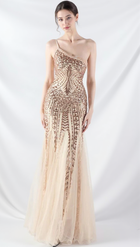 DEIRDRE GOLD ONE-SHOULDER SEQUINED FISHTAIL MAXI DRESS