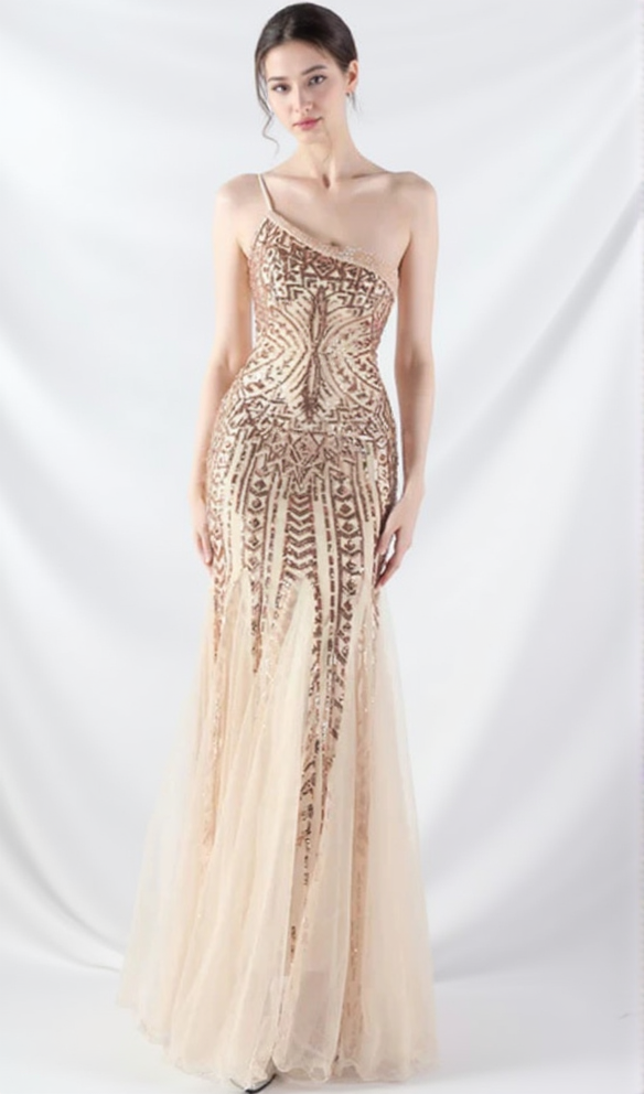 DEIRDRE GOLD ONE-SHOULDER SEQUINED FISHTAIL MAXI DRESS