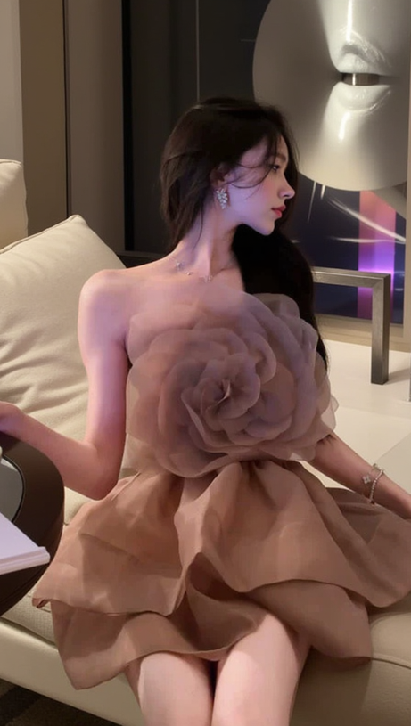 ALISA FLOWER TULLE STRAPLESS MINI DRESS IN BROWN