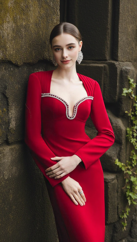 SYLVIA CRYSTAL EMBELLISHED LONG SLEEVE MAXI DRESS IN RED