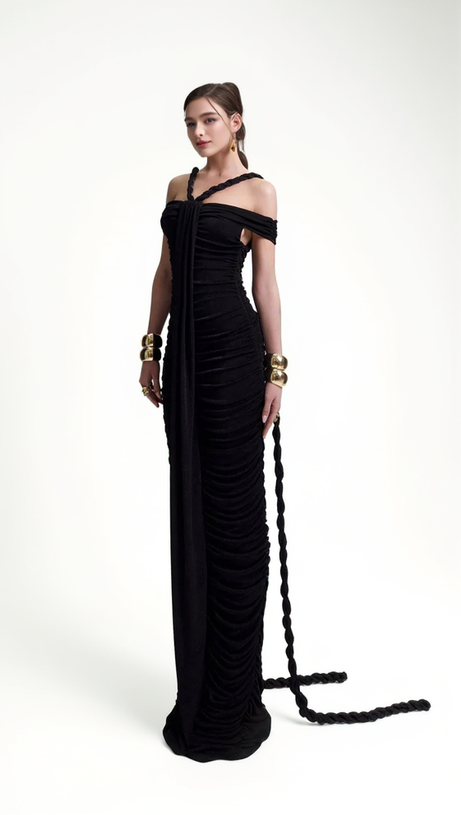 CARA BLACK OFF-SHOULDER RUCHED BODYCON MAXI DRESS WITH ROPE EMBELLISHED