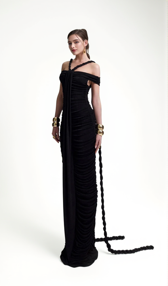 AIIZIE CARA BLACK OFF-SHOULDER RUCHED BODYCON MAXI DRESS WITH ROPE EMBELLISHED - product image