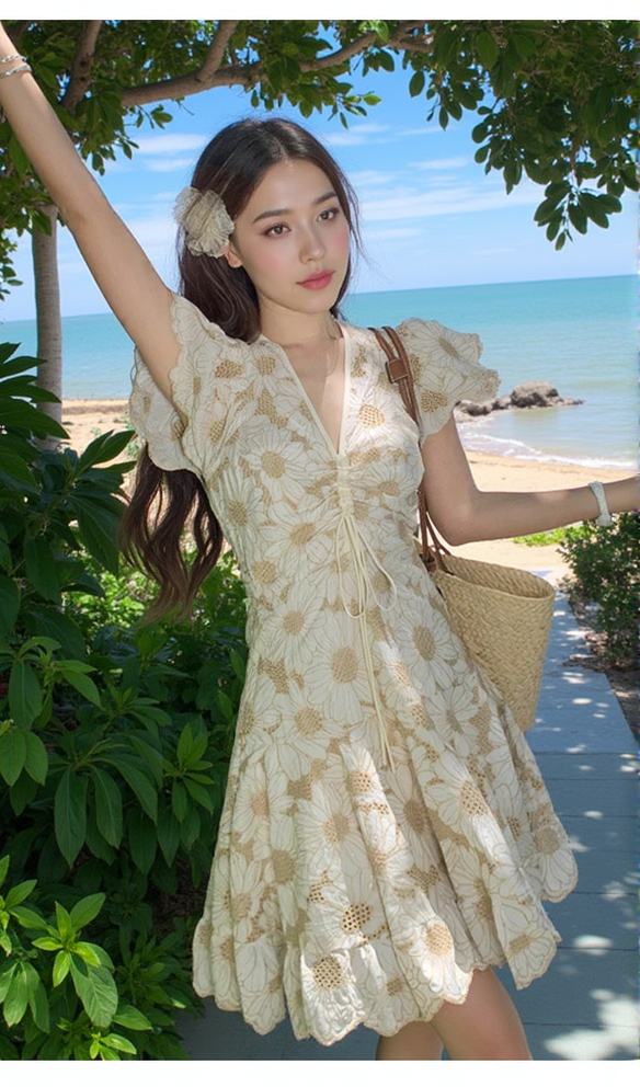 RENATA DAISY GUIPURE V NECK MINI DRESS