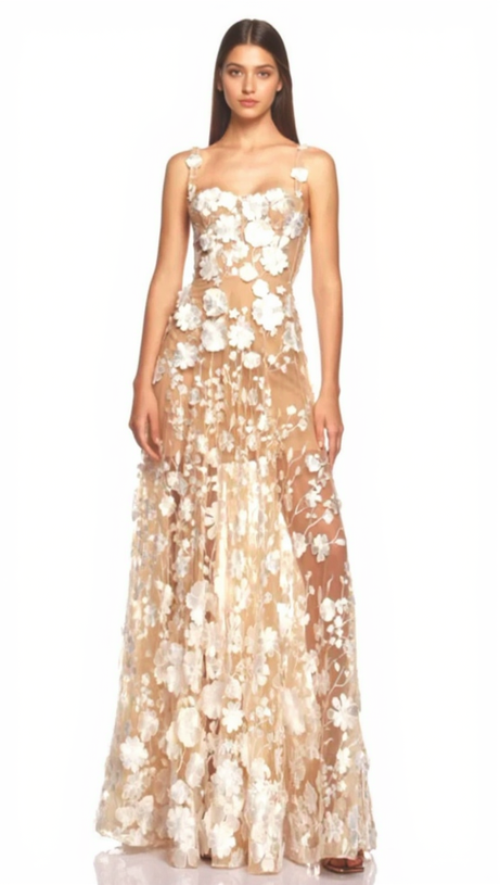 APPHIA FLORAL EMBROIDERED SLEEVELESS TULLE MAXI DRESS