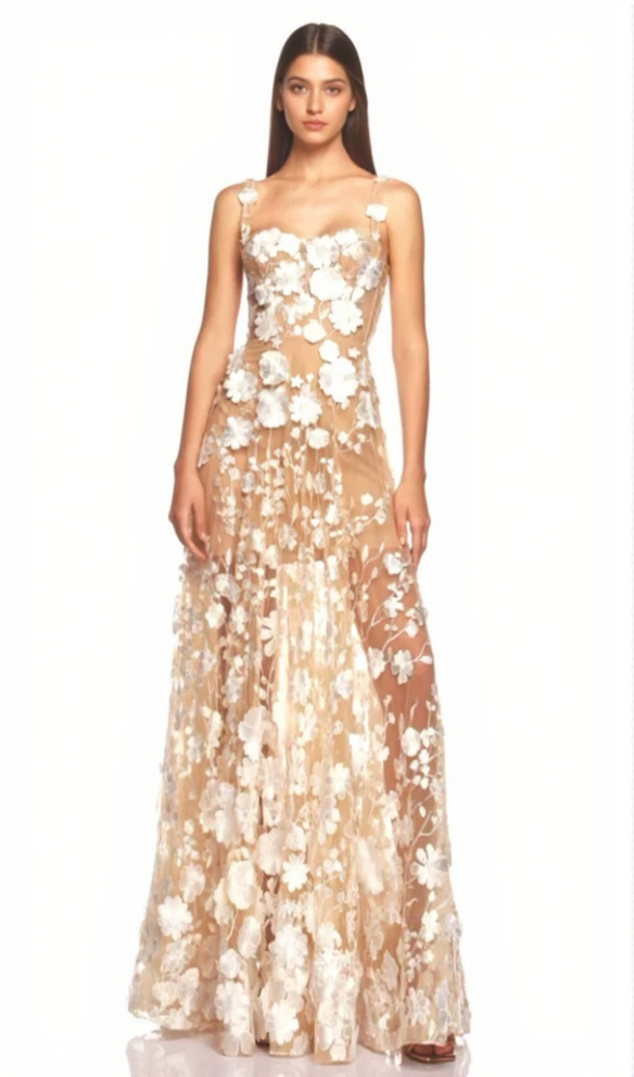APPHIA FLORAL EMBROIDERED SLEEVELESS TULLE MAXI DRESS
