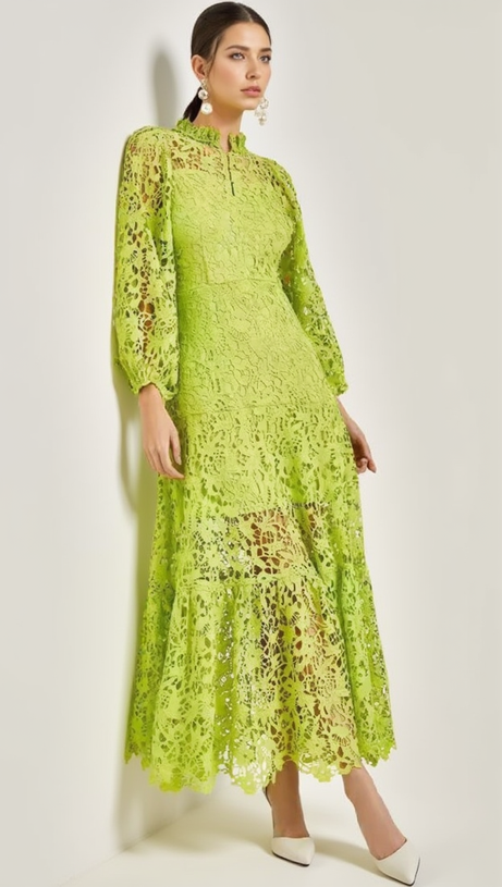 TARA GRÜNES MIDIKLEID MIT LANGEN ÄRMELN UND STICKEREI