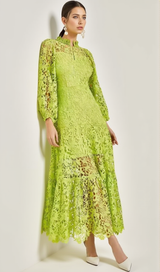 TARA GREEN LACE EMBROIDERED LONG SLEEVE MIDI DRESS