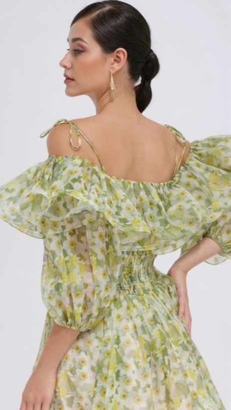 ANNA PRINTED RUFFLE TRIM MINI DRESS IN GREEN