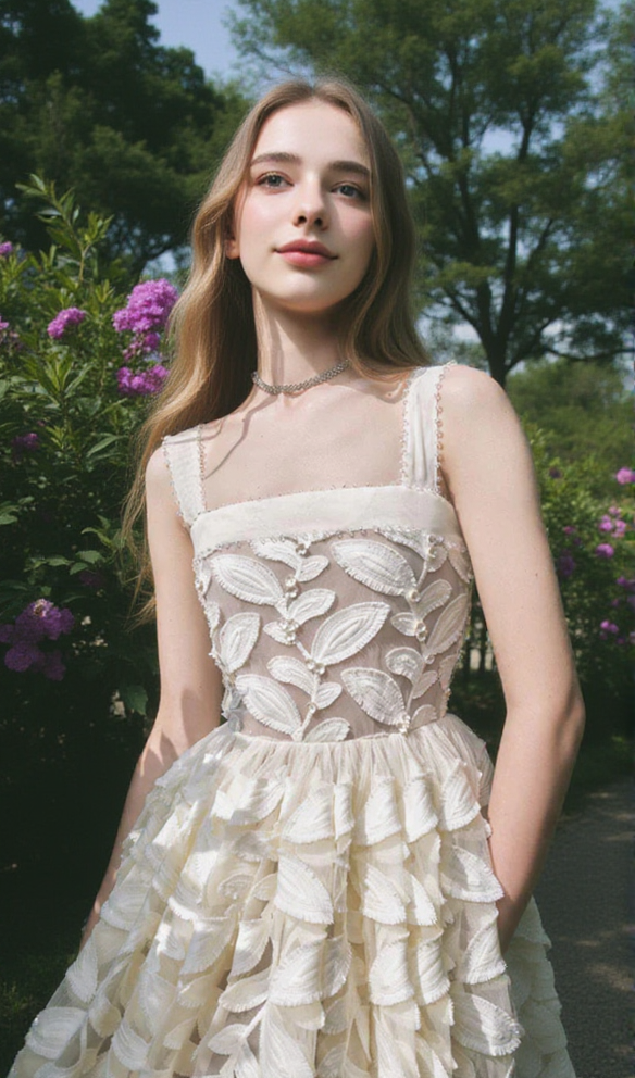 AIIZIE FAE A-LINE SQUARE NECK LACE MIDI DRESS IN CREAM WHITE - product image