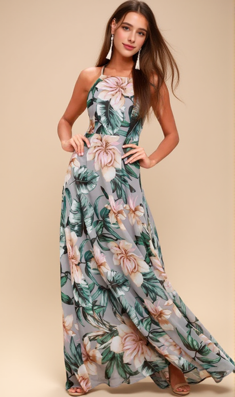 Grey Floral Print Lace-Up Maxi Dress