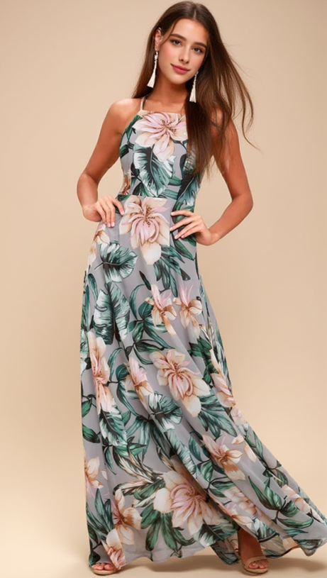 GREY FLORAL PRINT LACE-UP MAXI DRESS
