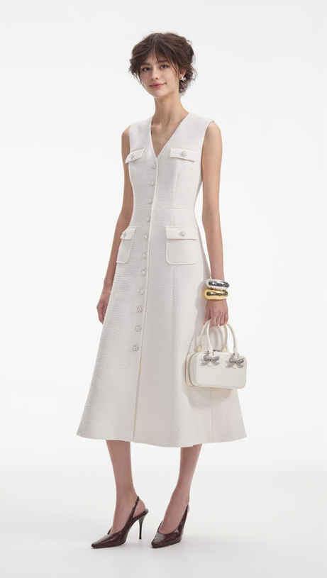 CREAM TINSEL BOUCLE BUTTONED MIDI DRESS