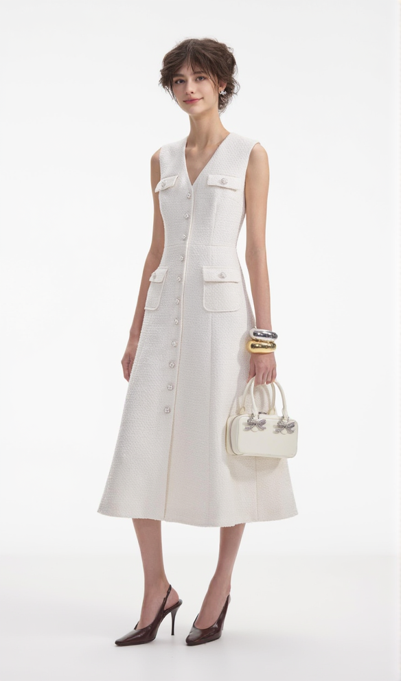 CREAM TINSEL BOUCLE BUTTONED MIDI DRESS