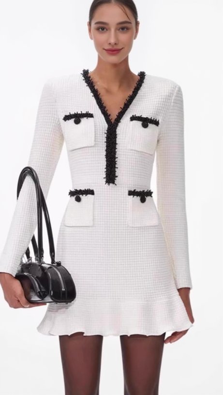 WHITE PEARL TRIM KNIT MINI DRESS